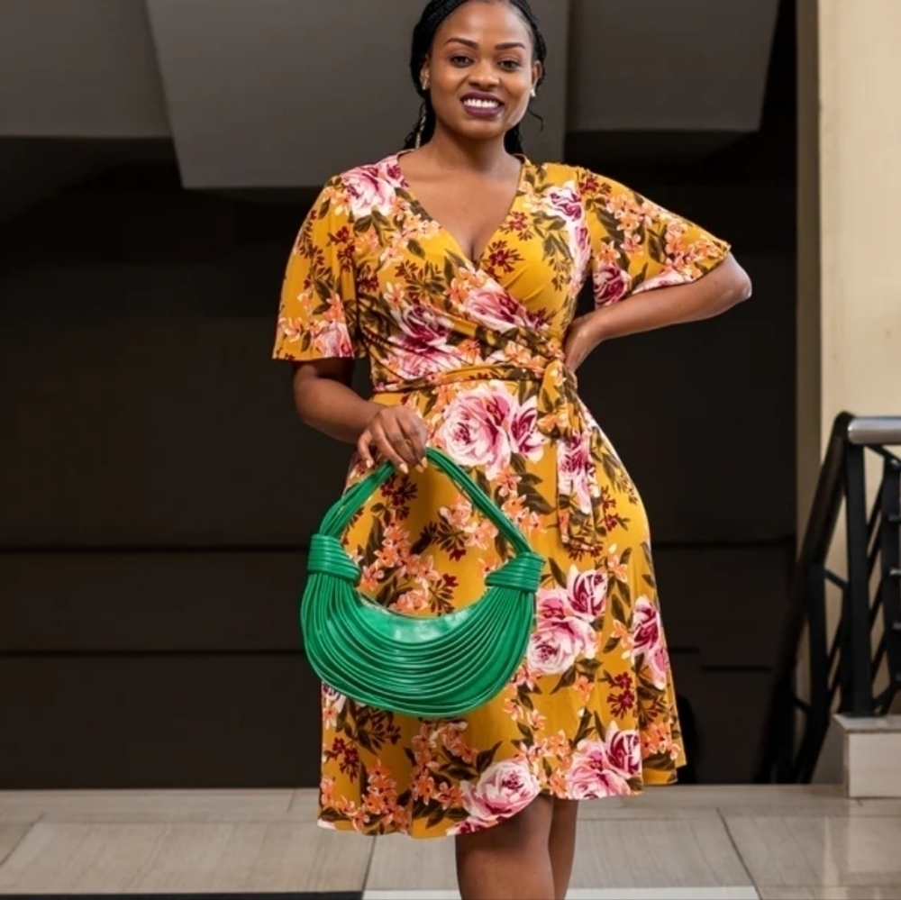 DONNA MORGAN faux wrap mustard color floral fall dress